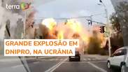 C&acirc;mera em ve&iacute;culo flagra grande explos&atilde;o em Dnipro, na Ucr&acirc;nia