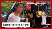 Noiva surpreende ao chegar em casamento nas 'garras' de retroescavadeira no Pará