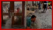 A giant wave invades the American military base and causes destruction