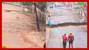Chuva faz casa desabar, poste 'explodir' e abre cratera em cidade de Santa Catarina