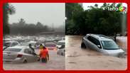 Temporal causa alagamentos e deixa carros submersos em parque aquático no interior de SP