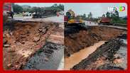 Cratera se abre após forte chuva e rodovia fica interditada em Santa Catarina