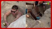 The British tourist Cava Buraco, remains blocked for 3 hours and must be saved in Copacabana Beach