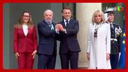 Lula e Janja são recebidos pelo presidente da França, Emmanuel Macron