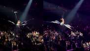 Katy Perry quase cai durante voo em borboleta gigante em show nos EUA