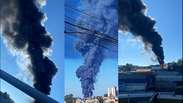 Inc&ecirc;ndio de grandes propor&ccedil;&otilde;es atinge ind&uacute;stria e gera enorme coluna de fuma&ccedil;a em Guarulhos (SP)