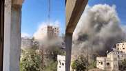 Vídeo flagra momento que Israel bombardeia e derruba arranha-céu residencial em Gaza