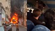 &Ocirc;nibus de excurs&atilde;o pega fogo ap&oacute;s perder freio em Porto Alegre