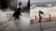 Ciclone Harry: prefeitos s&atilde;o atingidos por onda 'gigante' durante transmiss&atilde;o ao vivo na It&aacute;lia