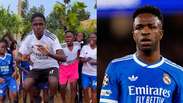 Grupo de crian&ccedil;as de Uganda dan&ccedil;a em homenagem a Vini Jr. ap&oacute;s caso de racismo