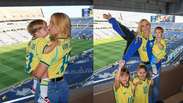Virginia comemora gol do Brasil com filhos em camarote usando camisa de Vini Jr