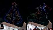 Show de drones encanta fi&eacute;is na Alvorada de S&atilde;o Jorge, no Rio de Janeiro