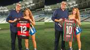 Com as cores do Brasil, Shakira vai ao Maracan&atilde;, autografa bola e ganha camisas de Flamengo e Fluminense