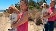 Cachorro resgatado de canil com hist&oacute;rico de maus-tratos nos EUA tem rea&ccedil;&atilde;o emocionante ao ver o mar