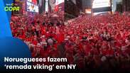 Torcida norueguesa invade a Times Square para fazer remada viking antes de jogo da Copa