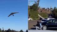 V&iacute;deo mostra asa-delta caindo sobre carro durante pouso no RS; piloto ficou ferido