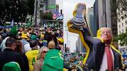 Boneco de Trump segurando Lula com roupa de presidi&aacute;rio e gritos de 'Fora, Moraes': bastidores do ato de Fl&aacute;vio Bolsonaro