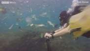 Mergulhador filma 'mar de lixo' em ilha vizinha a Bali