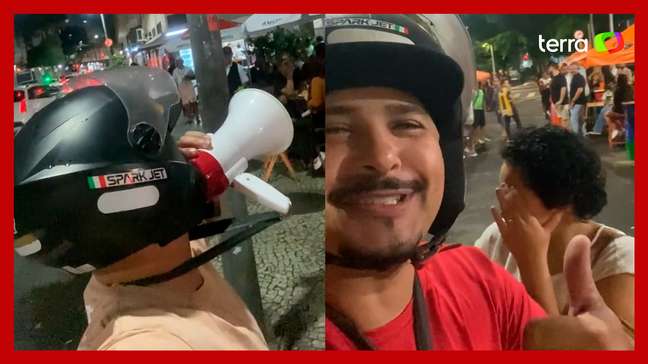 Motoboy inova ao usar megafone para chamar passageiros que se atrasam no RJ