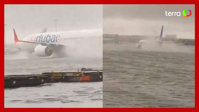 Tempestade inunda pista do aeroporto de Dubai e faz aviões trafegarem sobre a água