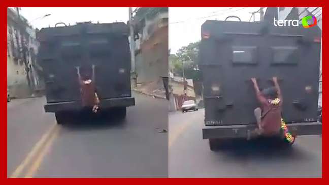 Homem é flagrado 'pegando carona' em caveirão da polícia no RJ