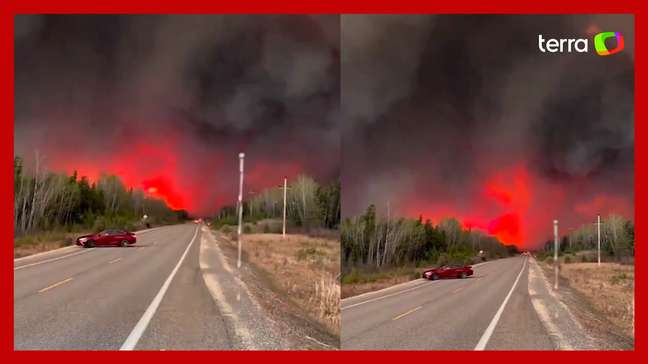 Incêndios florestais cobrem o céu de fumaça em estrada no Canadá