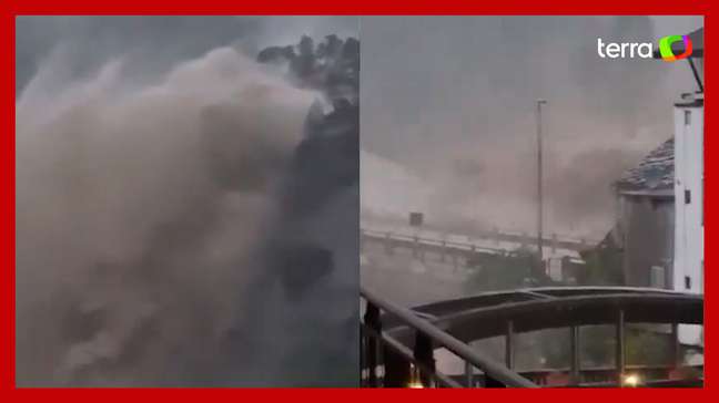 Cachoeira parece ‘explodir’ sobre cidade após chuvas torrenciais na Itália
