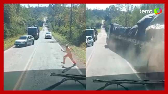 Funcionário de obra em rodovia escapa por pouco de ser atropelado por caminhão no Paraná