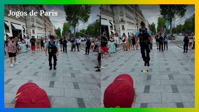 Policial entra em brincadeira de influencers brasileiros e quebra equipamento na Champs-Élysées