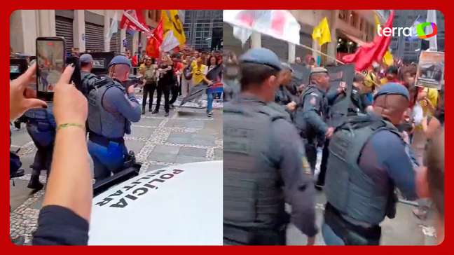 PM avança contra protestantes e joga bomba de gás durante leilão das escolas em SP