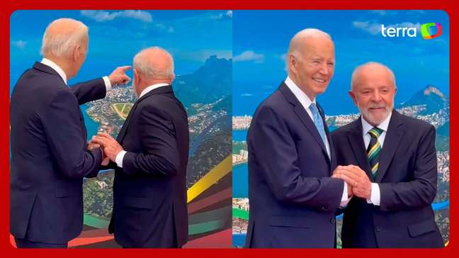 Biden fica encantado com Cristo Redentor em painel durante encontro com Lula no G20