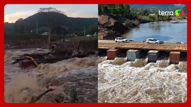 Ponte provisória construída após enchente é arrastada por nova cheia no RS