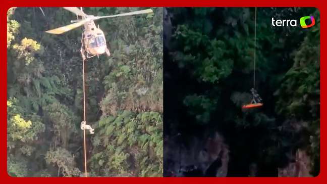 Canoísta é resgatado por helicóptero após cair de cachoeira em cânion de SC