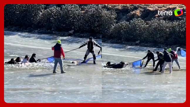 Gelo se parte e turistas caem em lago congelado na Índia