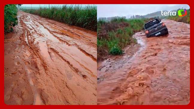 Rodovia é tomada por enxurrada e carros ficam atolados após chuvas em MG