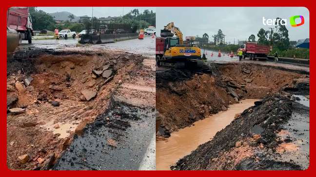 Cratera se abre após forte chuva e rodovia fica interditada em Santa Catarina