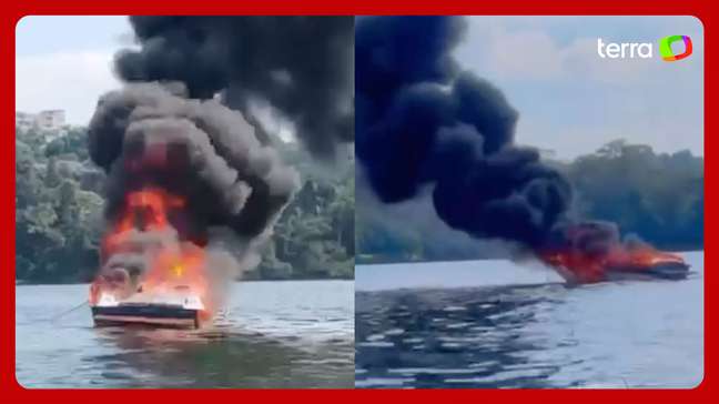 Lancha pega fogo e explode na Represa de Guarapiranga, em São Paulo