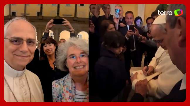 Papa Leão XIV aparece em primeira selfie e distribui primeiro autógrafo