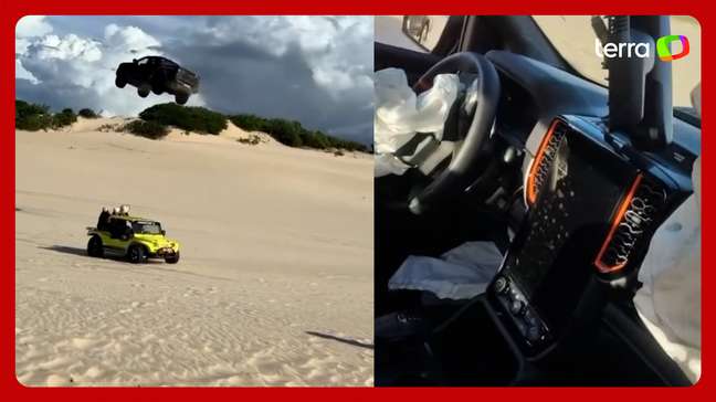 Carro ‘voa’ por cima de buggy e passageiros em duna no Ceará