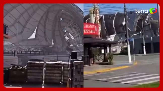 Rajadas de vento derrubam arena de eventos no litoral de SP