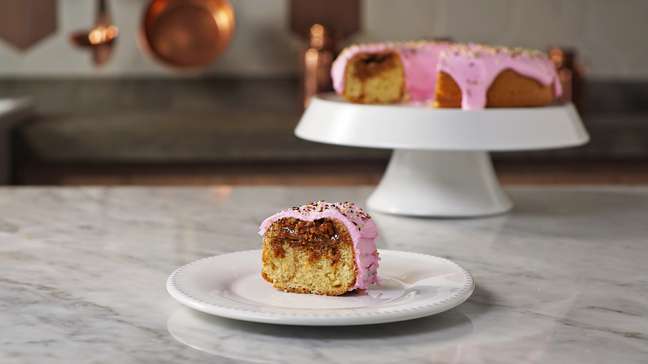 Present tastes: donut cake with pink glaze