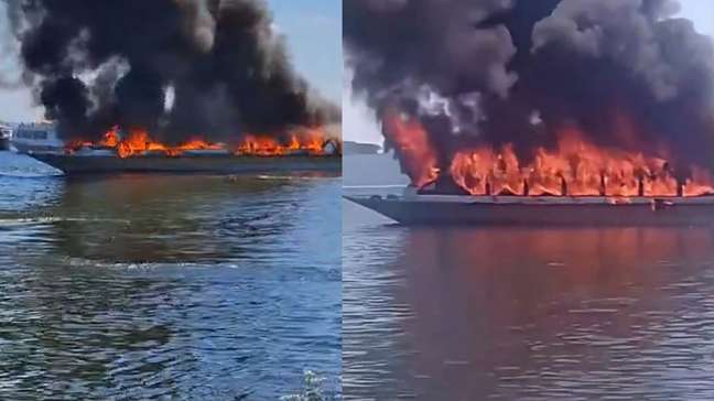 Lancha pega fogo durante manutenção no Rio Tapajós, em Santarém