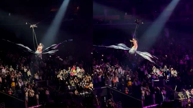 Katy Perry quase cai durante voo em borboleta gigante em show nos EUA
