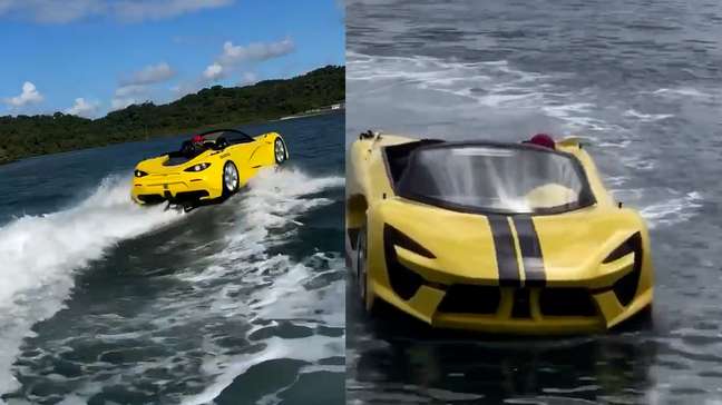 Réplica de carro esportivo passeia sobre o mar de Salvador e impressiona banhistas