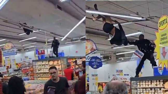 PM sobe em gôndola e retira homem pendurado no teto de supermercado no RJ