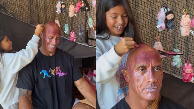 Filhas maquiam The Rock, que brinca com a careca: 'Muita tela para usar na diversão’