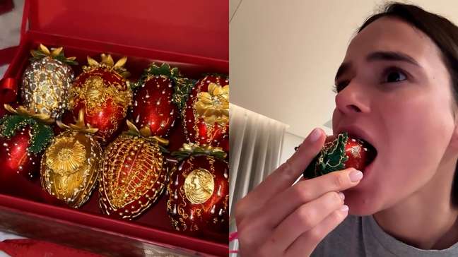 Bruna Marquezine prova morango do amor de R$ 2 mil: 'Da até dó de comer'