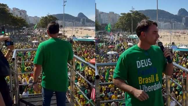 Durante manifestação, Flávio Bolsonaro relata visita ao pai: 'Sentado carregando a tornozeleira'