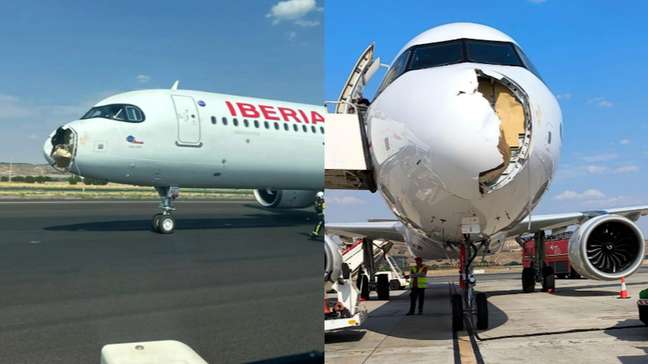 Avião fica com bico destruído após colidir com pássaros durante voo na Espanha