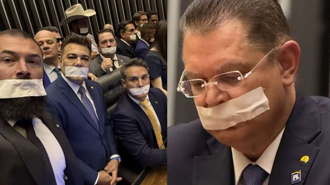 Com fitas na boca, deputados da oposição fazem ‘obstrução total’ e pedem ‘anistia’ após prisão de Bolsonaro